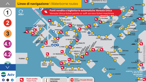 Haltestellen und Ticketautomaten Interaktive Karte. für Vaporetti in Venedig